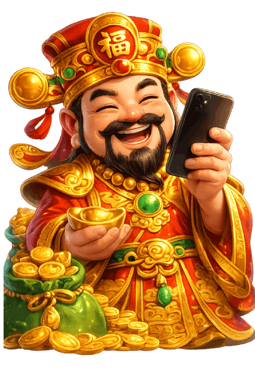 Caishen holding a phone with Jackpot UI